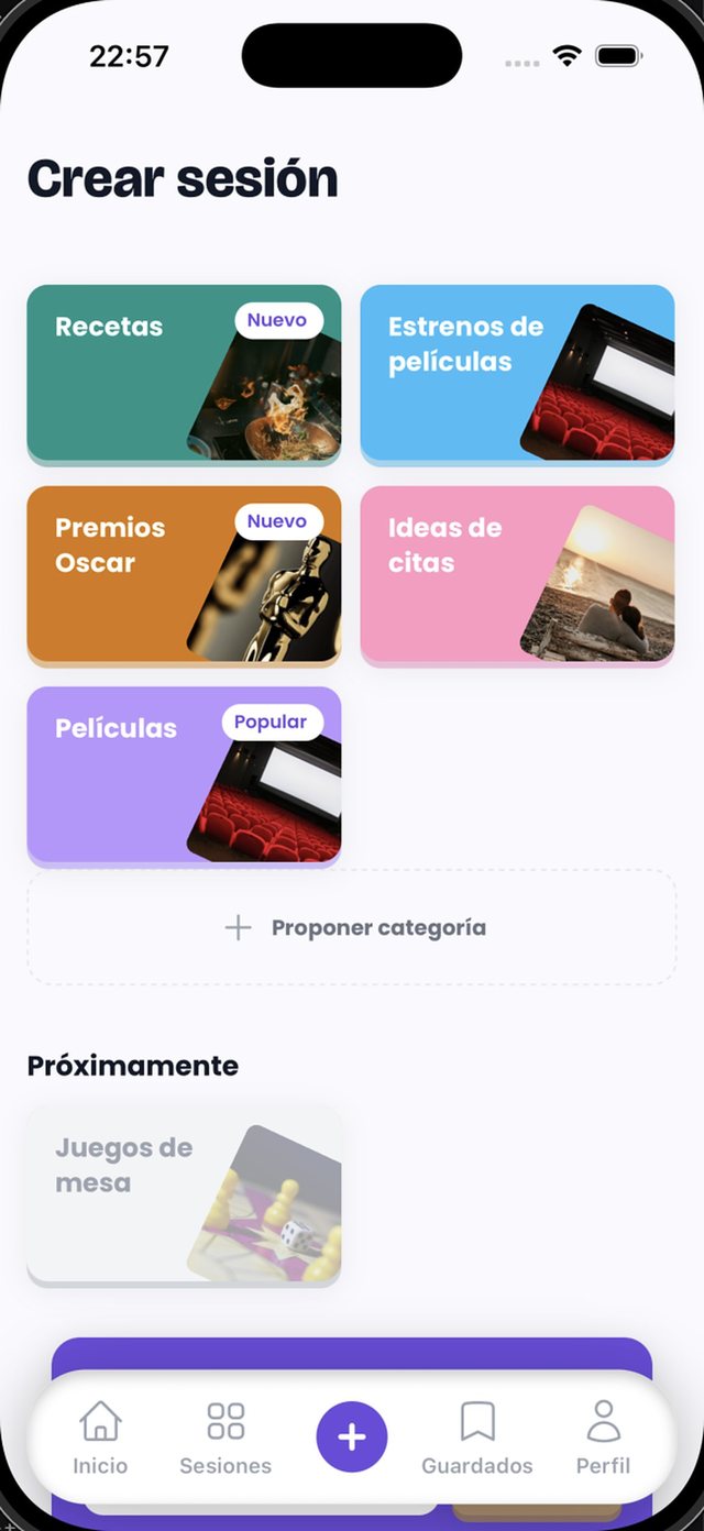Pantalla Crear sesión con las categorías de WhatNow