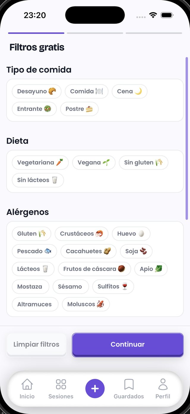 Filtros de recetas: tipo de comida, dieta y alérgenos