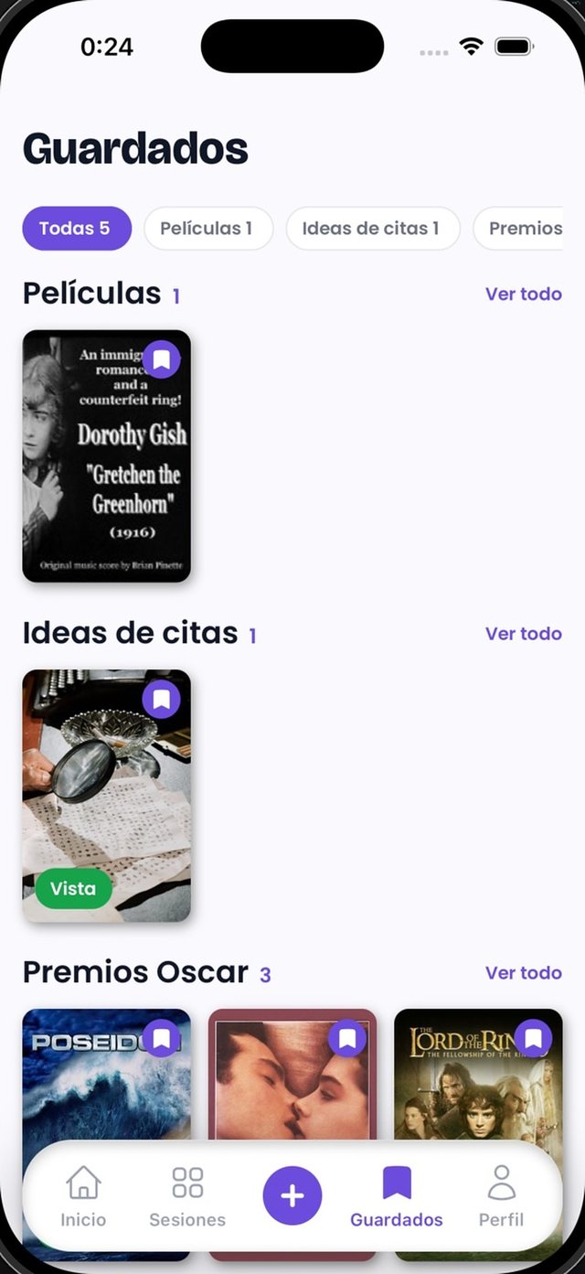 Pantalla Guardados ordenada por categorías