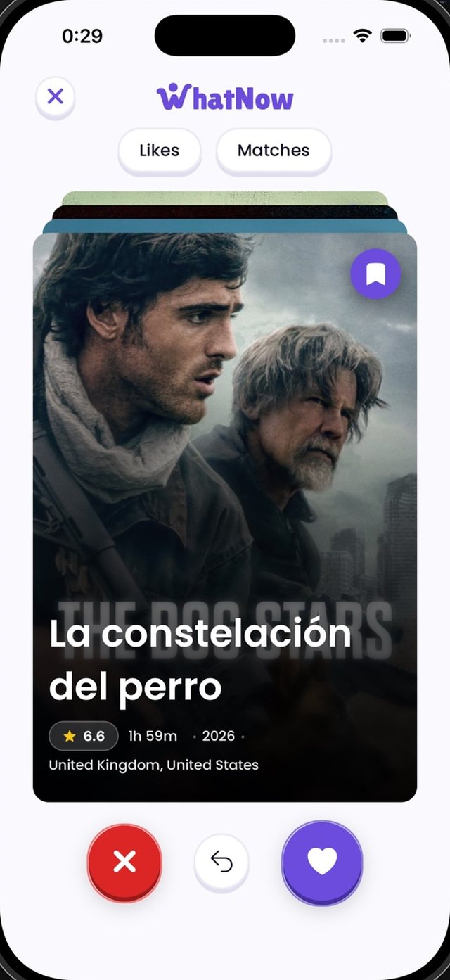 Pantalla para deslizar propuestas en WhatNow